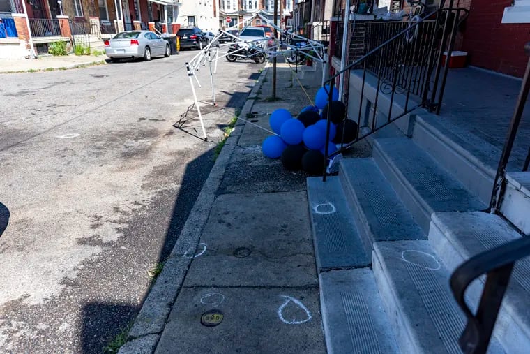 Evidence marked by the Philadelphia Police from last nights shooting at North Creighton Street in West Philadelphia, Pa., on Saturday, Aug., 19, 2023.