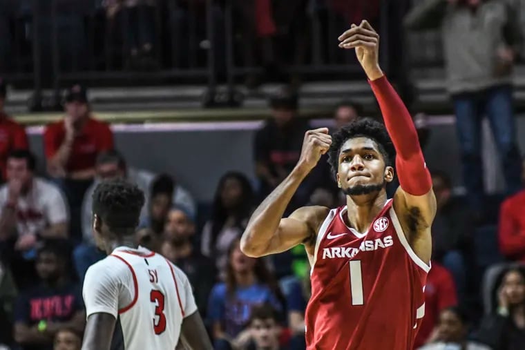 Guard Isaiah Joe (1) was one of the best three-point shooters in the Southeastern Conference in his two seasons at Arkansas.