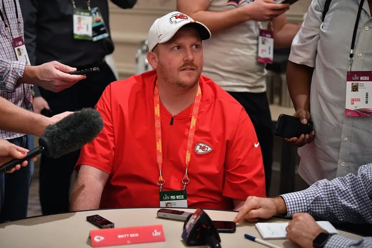 Kansas City Chiefs assistant coach Britt Reid speaks to the media during the team's media availability prior to Super Bowl LIV at the JW Marriott Turnberry on January 29, 2020, in Aventura, Florida.