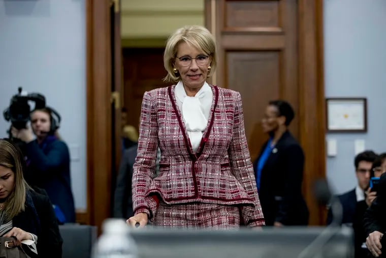 Education Secretary Betsy DeVos arrives for a House Appropriations subcommittee hearing on budget on Capitol Hill in Washington, Tuesday, March 26, 2019. (AP Photo/Andrew Harnik)
