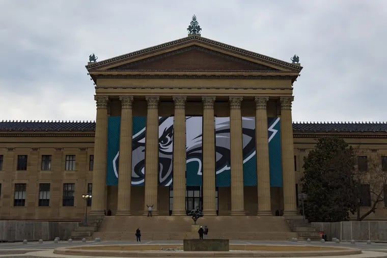 The Eagles logo hangs in front of the Philadelphia Museum of Art as decoration for the Super Bowl parade.
