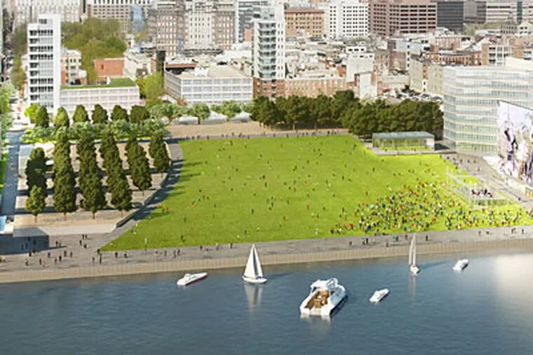 A rendering of the Delaware River waterfront after proposed changes by the Delaware River Waterfront Corporation (Kieran Timberlake/Brooklyn Digital Foundry)