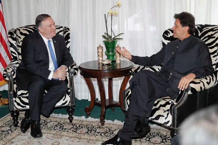 Secretary of State Mike Pompeo, left, meets with Pakistani Prime Minister Imran Khan, right, at the Residence of the Pakistani Ambassador in Washington, Tuesday, July 23, 2019.
