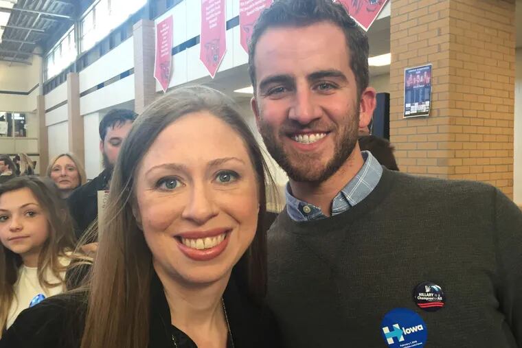Justin Adrian, a delegate from Kansas supporting Hillary Clinton, is raising $4,000 for the trip to Philadelphia. With him is Chelsea Clinton.