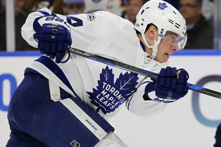 Maple Leafs forward Auston Matthews is dealing with an upper-body injury and may not be in the lineup Tuesday night when Toronto plays the Flyers at the Wells Fargo Center.  (AP Photo/Jeffrey T. Barnes)
