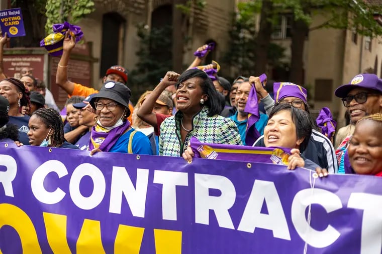 Cherelle Parker, Philadelphia Mayor Candidate and former member of City Council, chants alongside 32BJ SEIU Janitors Union for the announcement of the new contract deal that averts a strike outside the First Unitarian Church in Philadelphia, Pa., on Friday, Oct. 6, 2023.