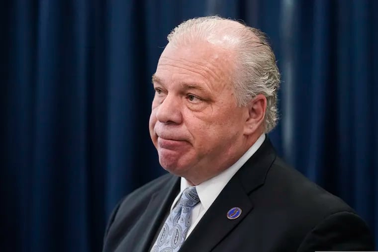 New Jersey Senate President Steve Sweeney pauses to take questions from members of the media during a news conference in Trenton on Wednesday in Trenton as he conceded that he had lost reelection.
