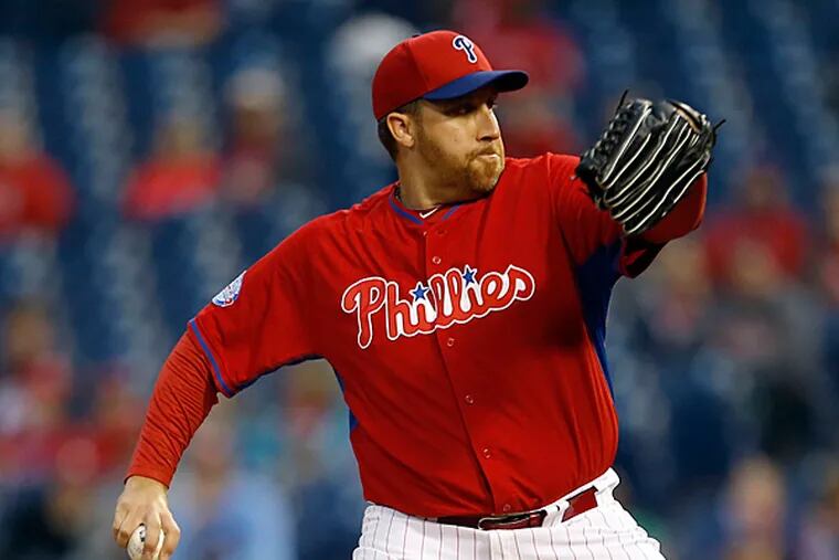 Phillies' pitcher Aaron Harang throws the baseball in the first-inning against the Pittsburgh Pirates during a exhibition game on Friday, April 3, 2015 in Philadelphia. (Yong Kim/Staff Photographer)