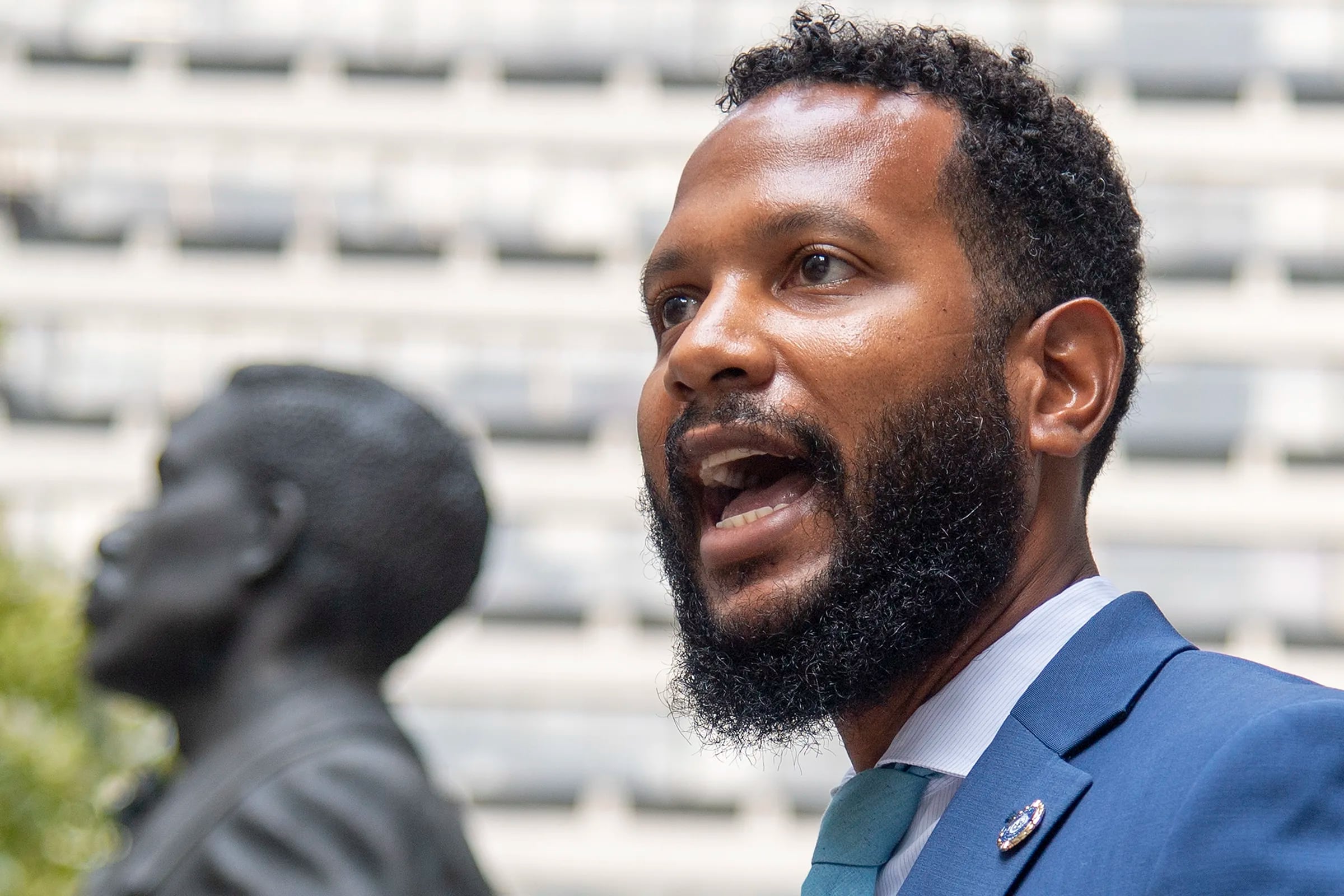Adam Geer speaks during a press conference outside the Octavius V. Catto at Philadelphia City Hall in 2020.