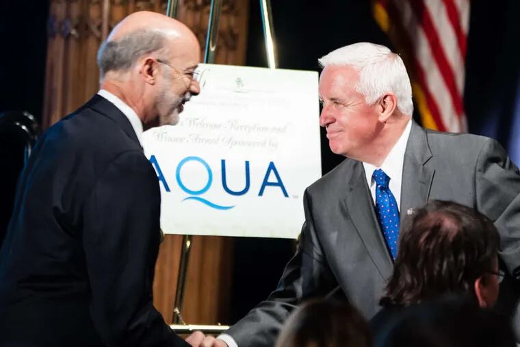 Gubernatorial rivals Tom Wolf (left) and Tom Corbett in Philadelphia. While analysts say the Democrat Wolf might not win over conservatives, some on the right may choose to stay home.