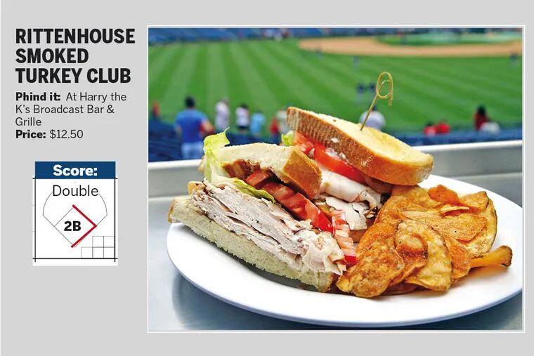 A graphic review of Rittenhouse Square Smoked Turkey Club with chips from Harry the K's Broadcast Bar & Grille at Citizens Bank Park. (Photo by Yong Kim)