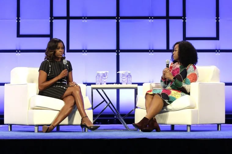 PHILADELPHIA, PA – OCTOBER 03: Former First Lady of the United States Michelle Obama and Screenwriter, director and producer Shonda Rhimes speak on stage during Pennsylvania Conference For Women 2017 at Pennsylvania Convention Center on October 3, 2017 in Philadelphia. (Photo by Marla Aufmuth/Getty Images for Pennsylvania Conference for Women)
