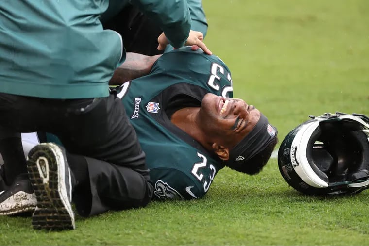 Eagle safety Rodney McLeod grimaces in pain after suffering an injury in the third quarter of the game against the Colts.he was helped off the field and the Eagles won 20-16 on Sunday , September 23, 2018. MICHAEL BRYANT / Staff Photographer