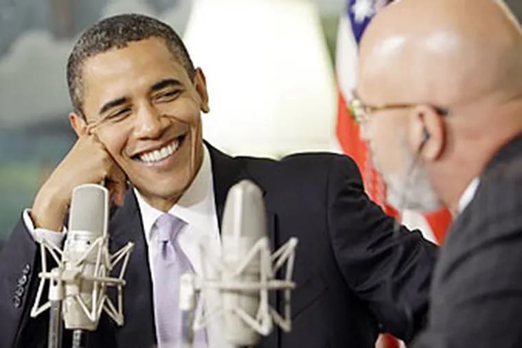 President Barack Obama speaks during a radio interview with Michael Smerconish in the Diplomatic Room at the White House in Washington Thursday, Aug. 20, 2009. (AP Photo/Alex Brandon)