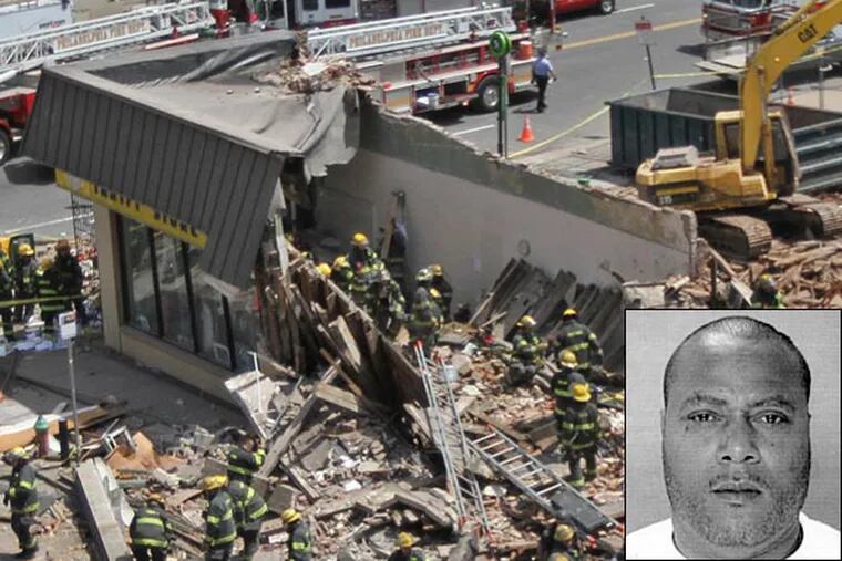 The horrific scene that was the Market Street building collapse June 5, 2013. A judge today (June 27, 2014) denied a lawyer's motion seeking for house arrest/electronic monitoring for demolition contractor Griffin Campbell (inset). (Michael Bryant/Staff/File photo)