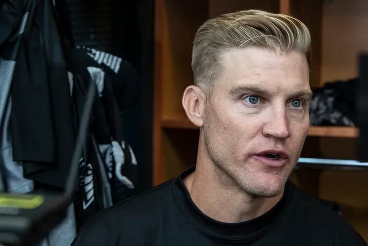 The Eagles' newest quarterback, 40-year-old Josh McCown, talks to reporters in the the team's NovaCare locker room Sunday before practice.