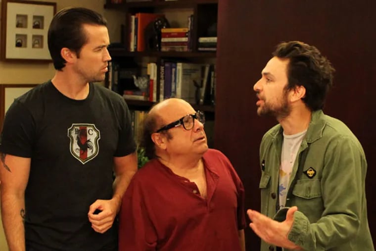 This publicity photo released by FX shows, from left, Glenn Howerton as Dennis Reynolds, Rob McElhenney as Mac, Danny DeVito as Frank Reynolds, Charlie Day as Charlie Kelly and Kaitlin Olson as Dee Reynolds in Episode 5, "The Gang Gets Analyzed" from the TV show, "It's Always Sunny in Philadelphia," which airs Thursday, November 8, 10:00 pm EDT/PDT. (AP Photo, FX, Patrick McElhenney)