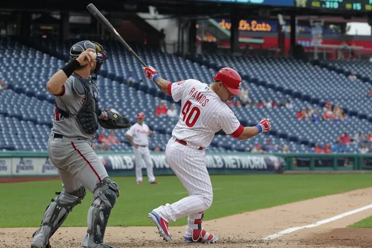 Wilson Ramos strikes out during a pinch-hitting appearance during Game 1 of the Phillies' doubleheader vs. the Nationals on Tuesday.