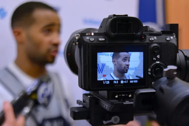 Villanova basketball player Phil Booth is intervied by the media after a practice at Villanova University on Tuesday September 25,2018. MARK C PSORAS/For the Inquirer