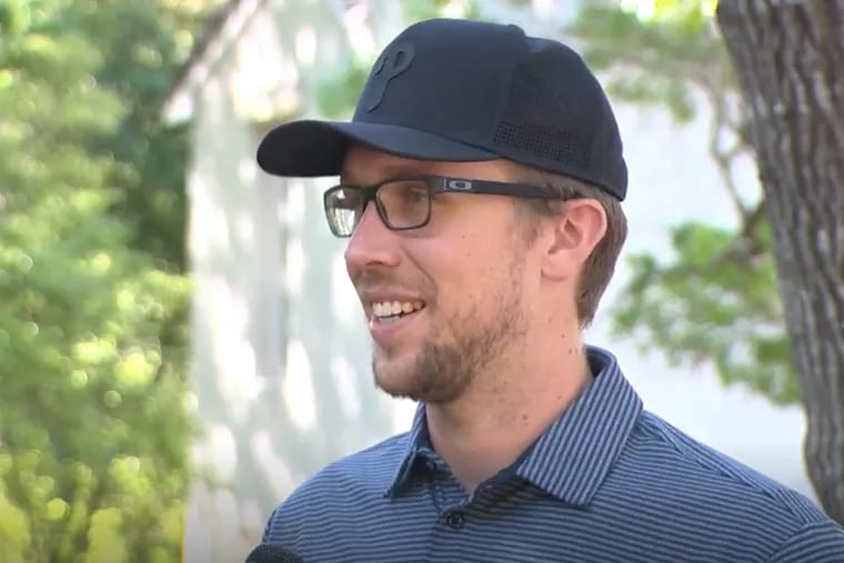 Eagles quarterback Nick Foles sports a Phillies cap during an interview with KVUE, an ABC-affiliate out of Austin, Texas, where he grew up.