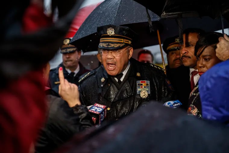 Police Commissioner Kevin Bethel reacts to a question from a member of the media near where eight juveniles were shot at Cottman and Rising Sun Avenues shortly before 3 p.m. Wednesday.