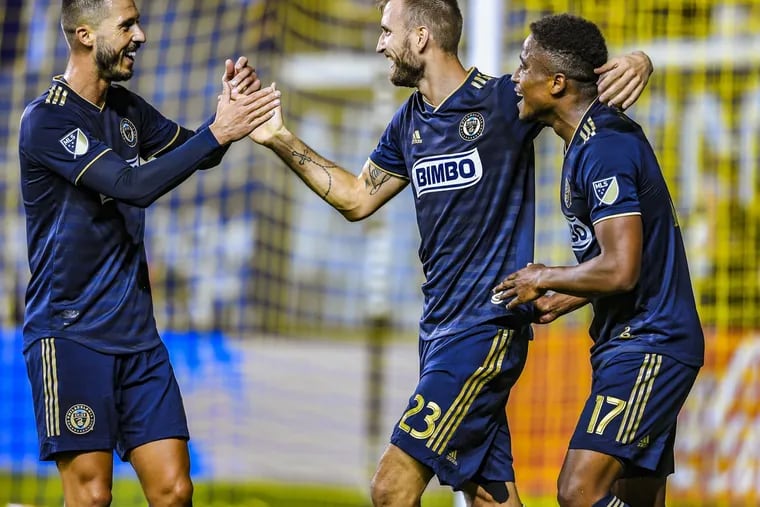 Kacper Przybylko (center) scored for the Union in their 1-1 draw with Los Angeles FC at Talen Energy Stadium.
