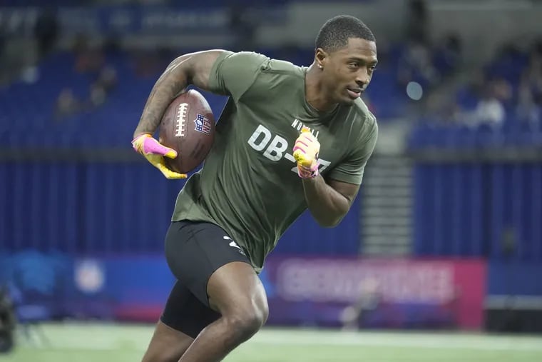 Toledo Rockets cornerback Quinyon Mitchell, seen here at the scouting combine in March. The Eagles drafted Mitchell with the No. 22 pick in the 2024 NFL draft.