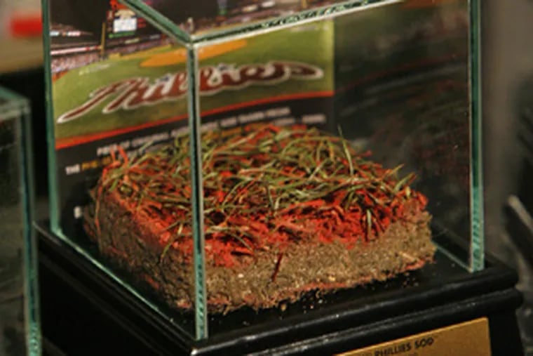 Fans can own authentic Phillies sod -- either plantable stuff for the yard or a square of freeze-dried grass. This specimen, part of the team logo behind home plate during the World Series, sells for $119.99.