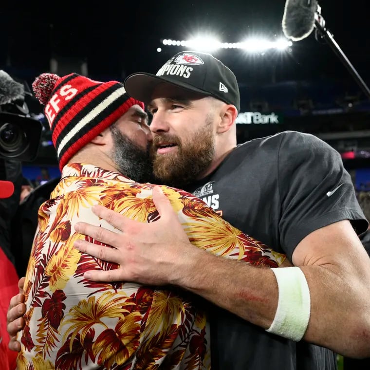 Jason Kelce embraces his brother Kansas City Chiefs tight end Travis Kelce after the AFC Championship NFL football game against the Baltimore Ravens, Sunday, Jan. 28, 2024, in Baltimore. The Chiefs won 17-10. (AP Photo/Nick Wass)