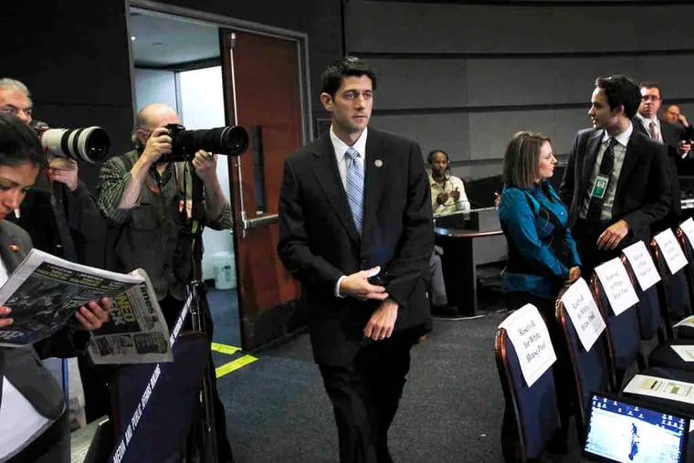 U.S. Rep. Paul D. Ryan (R., Wis.), who wants to replace Medicare and Medicaid with insurance subsidies, arrives at the president's budget talk Wednesday.