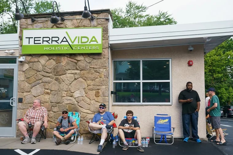 Thom Shannon, 49 heads a line of patients outside TerraVida, where Medical marijuana in the form of 'flower,' the most recognizable and affordable form of the drug, was  available at 10 a.m. Wednesday in Abington, PA, August 1, 2018. JESSICA GRIFFIN / Staff Photographer