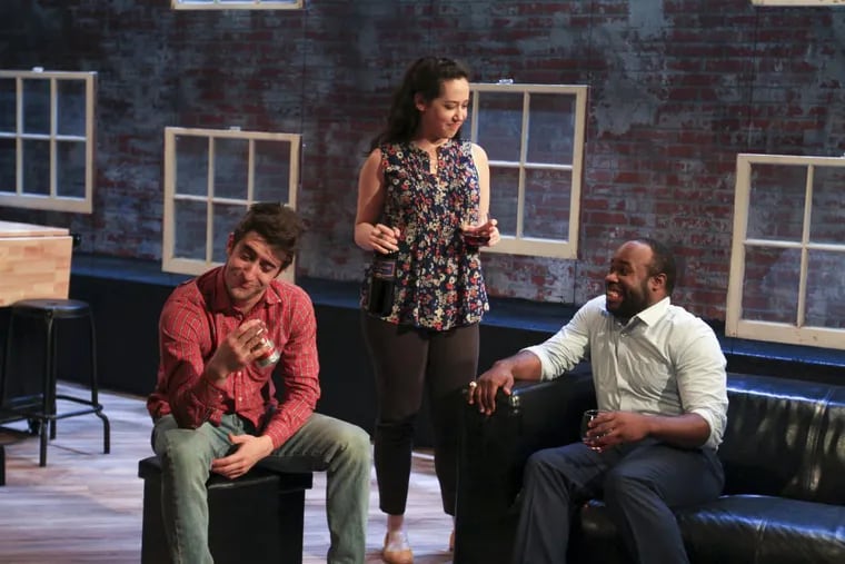 “Buzzer” by Tracey Scott Wilson was a standout in Theatre Exile’s 2016-2017 season — with (from left) Matteo Scamell, Alex Keiper, and Akeem Davis. The theater has to move offices and venue while its home at the Wolf Building on 13th Street is being renovated.