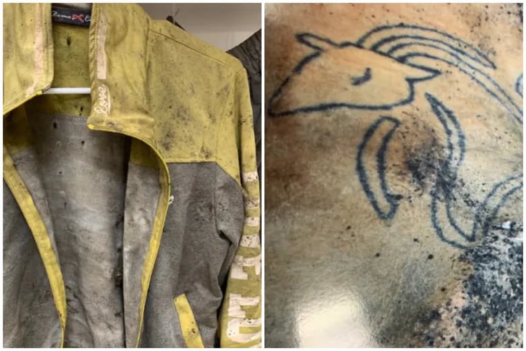 The woman was wearing the sweatshirt (left) when her remains were found. She had has this tattoo of a ram on her right hip.