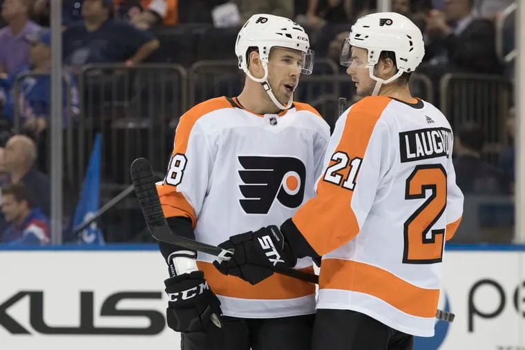 Corban Knight (left) has been playing alongside his good friend Scott Laughton during the preseason.