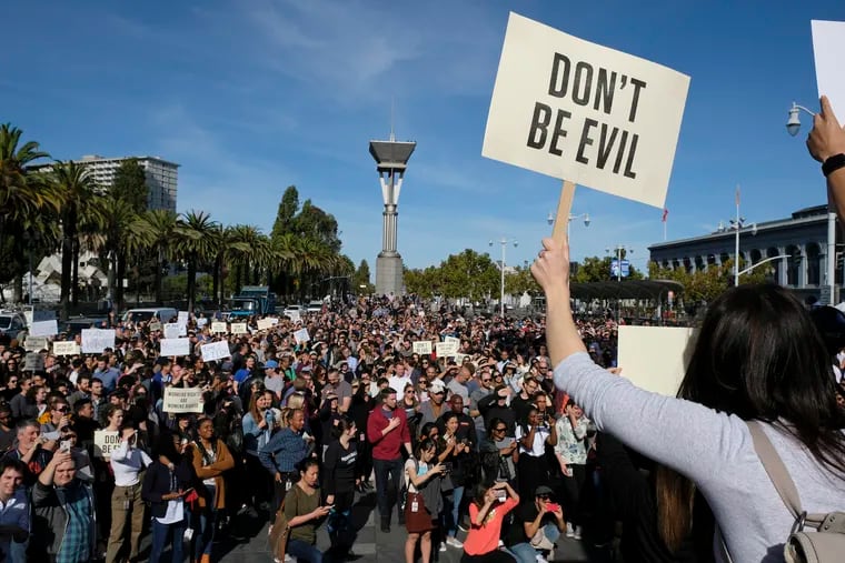Google employees fill Harry Bridges Plaza in front of the Ferry Building in November 2018 during a walkout in San Francisco. Workers protested the company's sexual harassment policy, as well as its treatment of temp workers.
