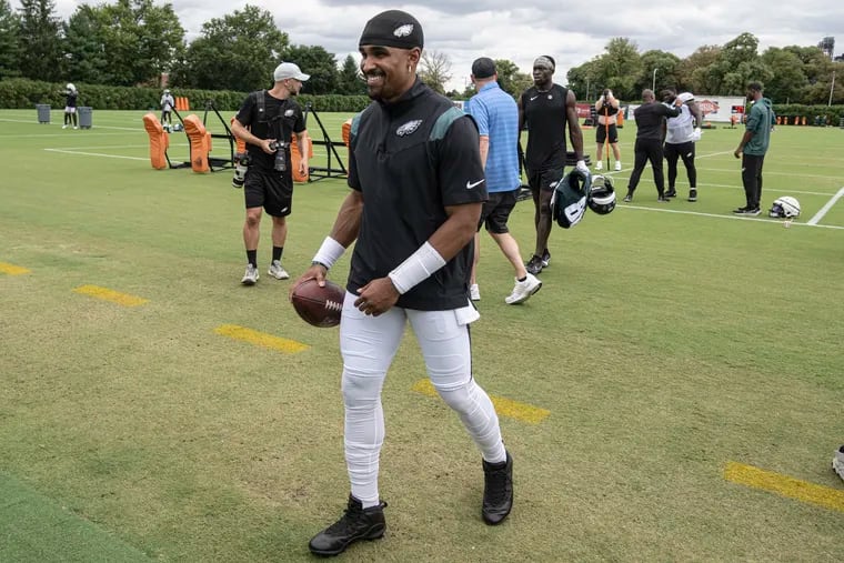 Quarterback Jalen Hurts after an Eagles training-camp practice on Tuesday at the NovaCare Complex.