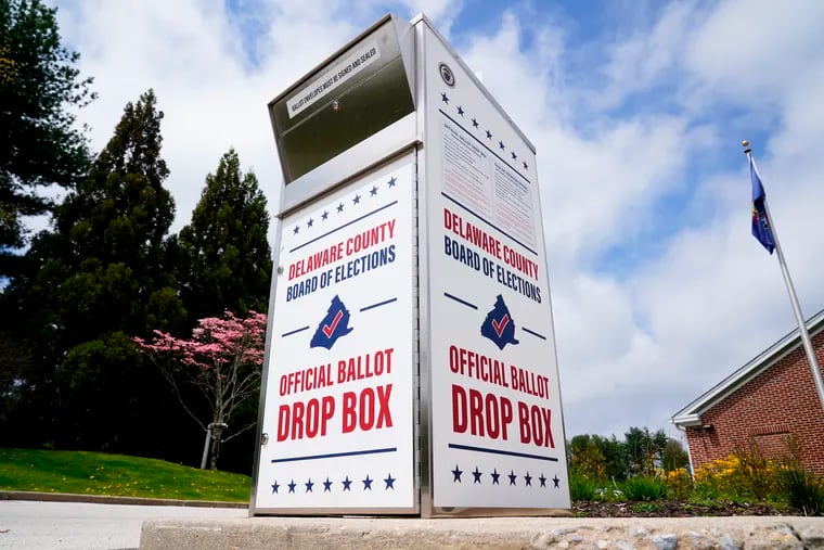 A Delaware County secured drop box for the return of mail ballots in Newtown Square.