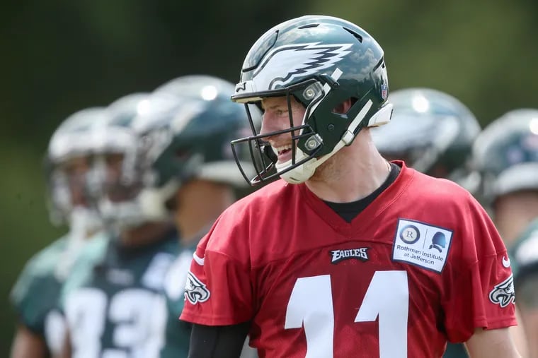 Eagles quarterback Carson Wentz is pictured during the team's final day of organized team activities at the NovaCare Complex in South Philadelphia on Thursday, June 7, 2018. TIM TAI / Staff Photographer