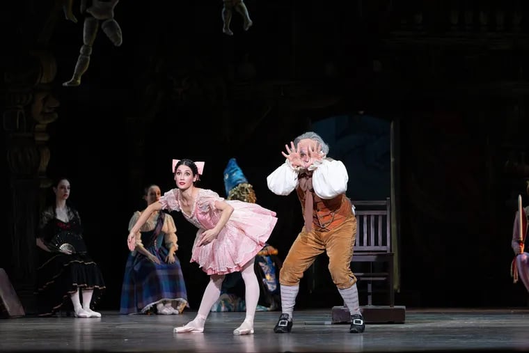 Dr. Coppélius (Philadelphia Ballet II director Eddy Tovar) tries to breathe life into his doll (Mayara Pineiro) in Angel Corella's "Coppélia."