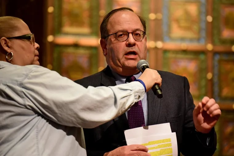 Allan Domb, incumbent Democratic candidate for member of the Philadelphia City Council At-large, speaks at a forum hosted by the Alliance for a Just Philadelphia at Congregation Rodeph Shalom March 24, 2019. Moderator with microphone is Lorraine Haw, an organizer with the Coalition to Abolish Death By Incarceration.
