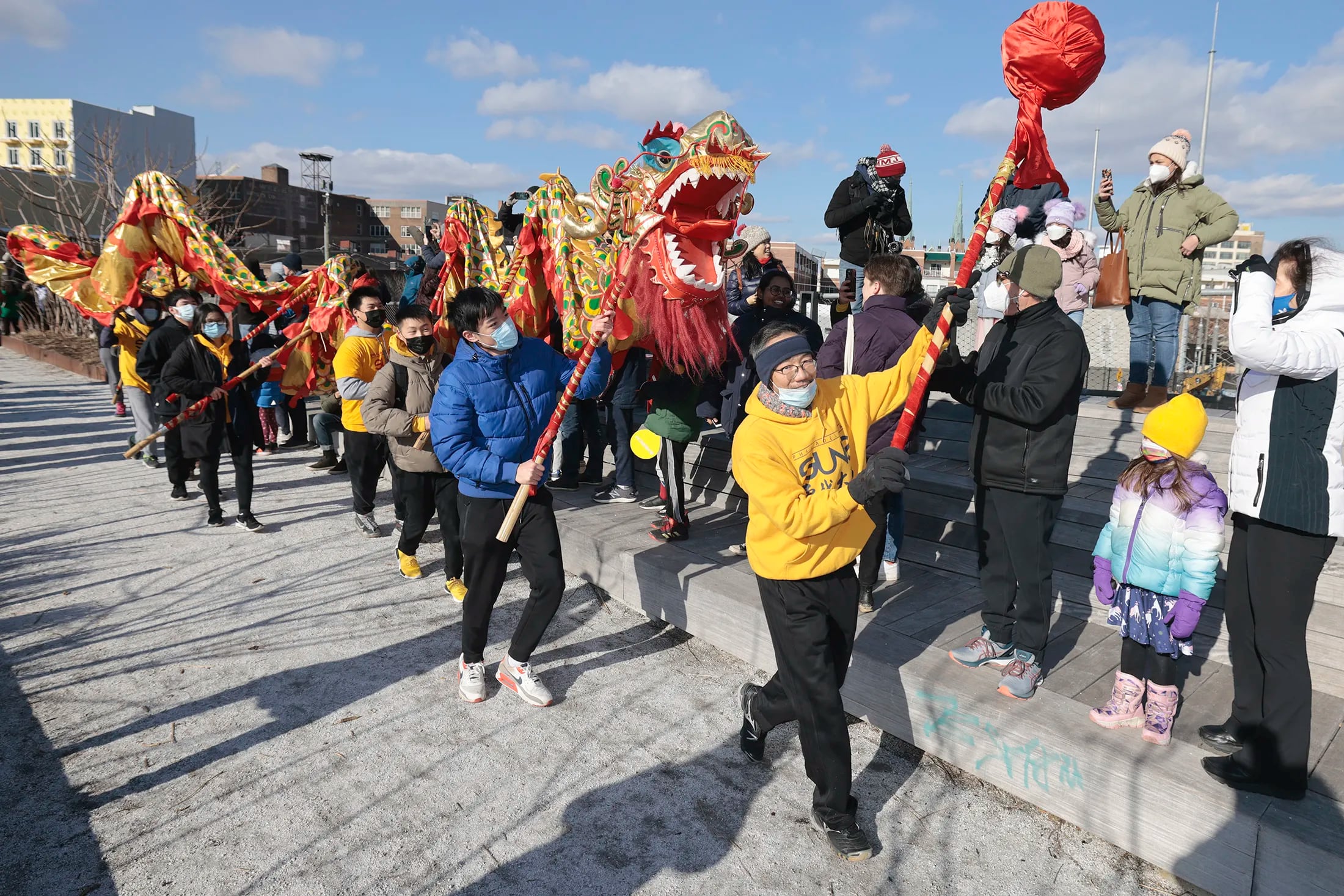 The lion dance during the outdoor Lunar New Year celebration at the Philly Rail Park.  The event was presented with the Asian Arts Initiative, the Philadelphia Suns, and the Philadelphia Chinatown Development Corp.