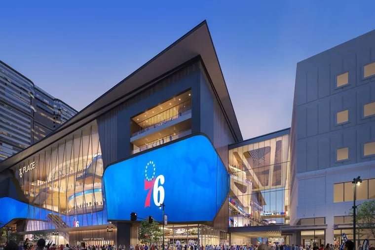 The proposed Sixers arena at 10th and Market Streets looking north. A new glass bridge would connect the arena to the adjacent Fashion District mall.
