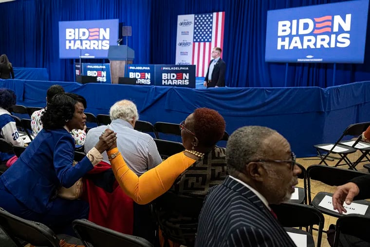 People arrive ahead of a visit from President Joe Biden on April 18, 2024, at the Martin Luther King Recreation Center in Philadelphia, Pa.