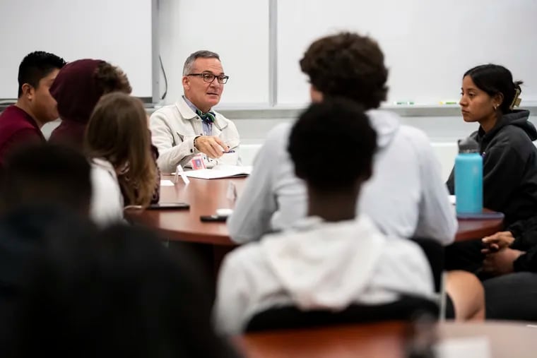 Superintendent Joe Meloche talks with students about the dress code during a town hall at Cherry Hill West High School in Cherry Hill, NJ on Monday, October 17, 2022.
