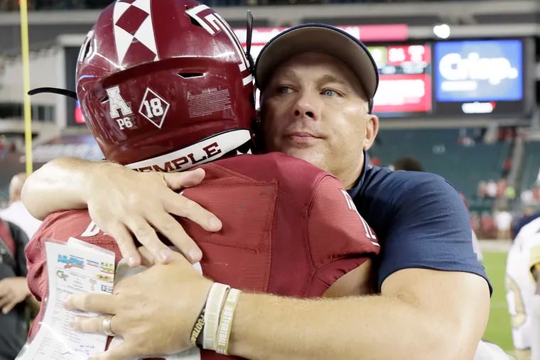 Georgia Tech head coach Geoff Collins hugs Temple’s # 18 Jadan Blue after the Georgia Tech vs Temple University football game at Lincoln Financial Field in Phila., Pa. on September 28, 2019.