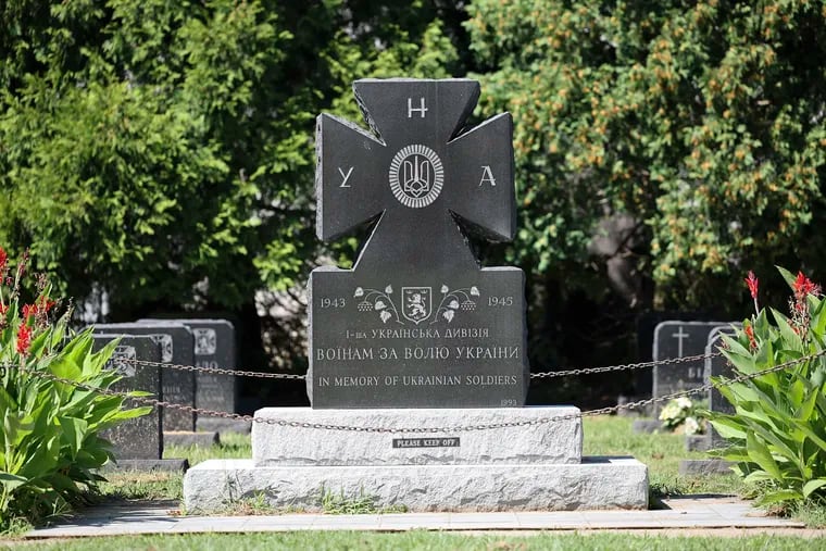 The memorial to the 14th Waffen Grenadier Division of the SS is located in a Ukrainian Catholic cemetery next to an elementary school in Elkins Park.