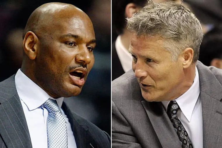 Sixers assistant coach Michael Curry (left) and Spurs assistant coach Brett Brown (right). (AP file photos)