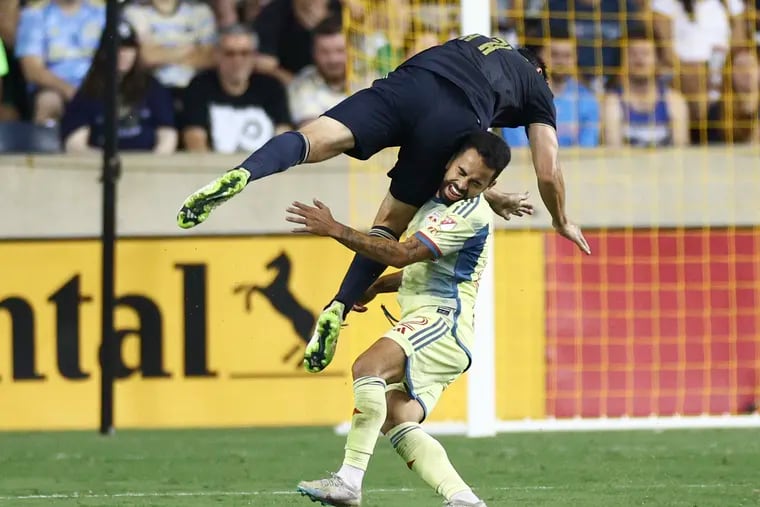 If you think soccer isn't as physical as other sports, consider this big collision between the Union's Alejandro Bedoya and New York's Luquinhas during the second half.