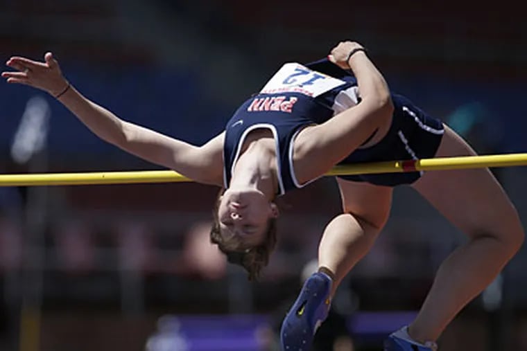 University of Penn's Morgan Wheeler competes in High Jump event during the College Women's Heptathlon at the Penn Relays at Franklin Field in Philadelphia, Pa., on April 20, 2010. ( David Maialetti / Staff Photographer )