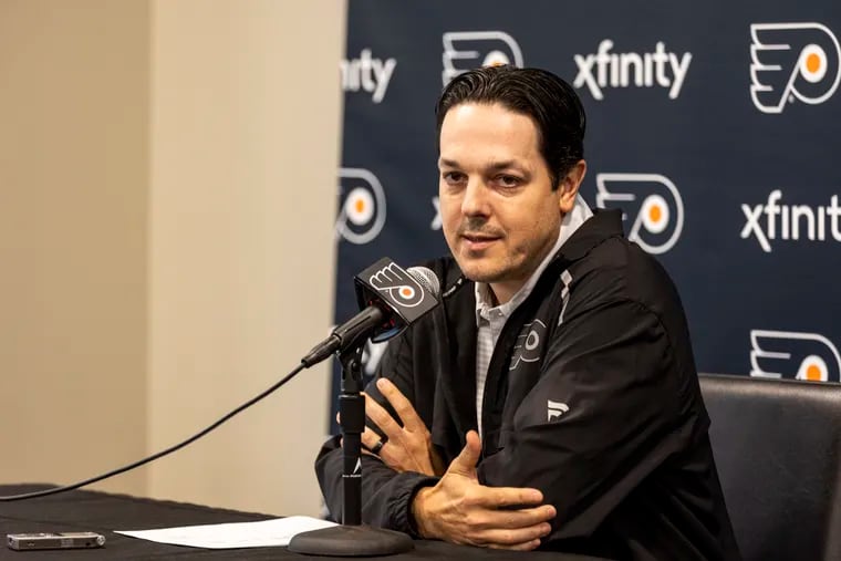 Flyers general manager Danny Brière speaking to the media at the Flyers Training Center in Voorhees.